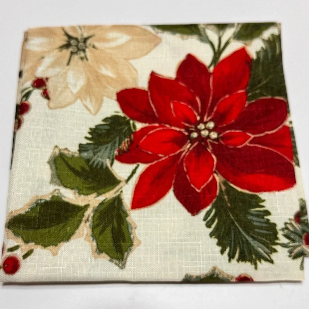 Set 7 St Nicholas Square Christmas Poinsettia Cloth Napkins Red Green Floral Vtg
